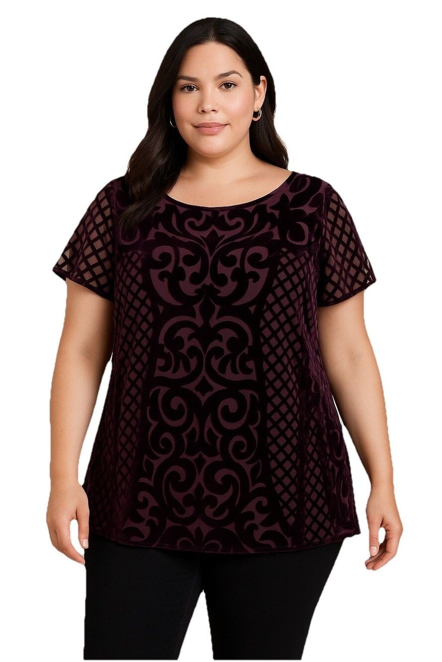 Lane Bryant 22/24 Red Maroon Velvet Damask Short Cap Sleeve Semi Sheer Top